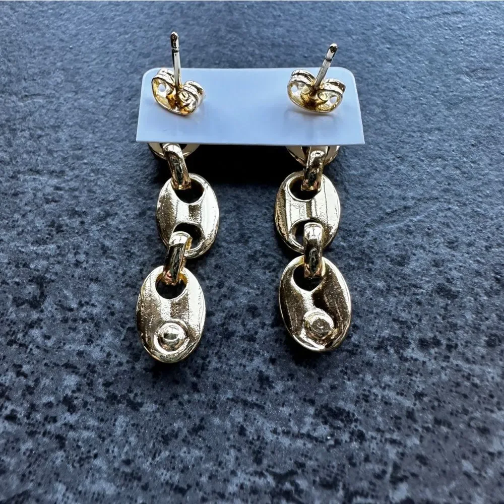NEW 18K Yellow Gold Oval Link Dangle Drop Earrings w/ Round Clear Crystal CZ